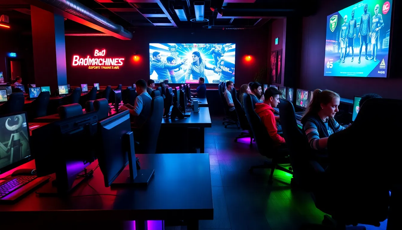 gaming enthusiasts in a vibrant esports bar setting.