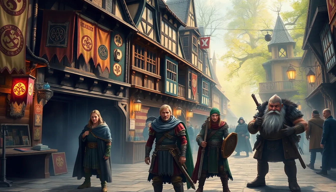 diverse adventurers in a Warhammer Fantasy RPG market scene.