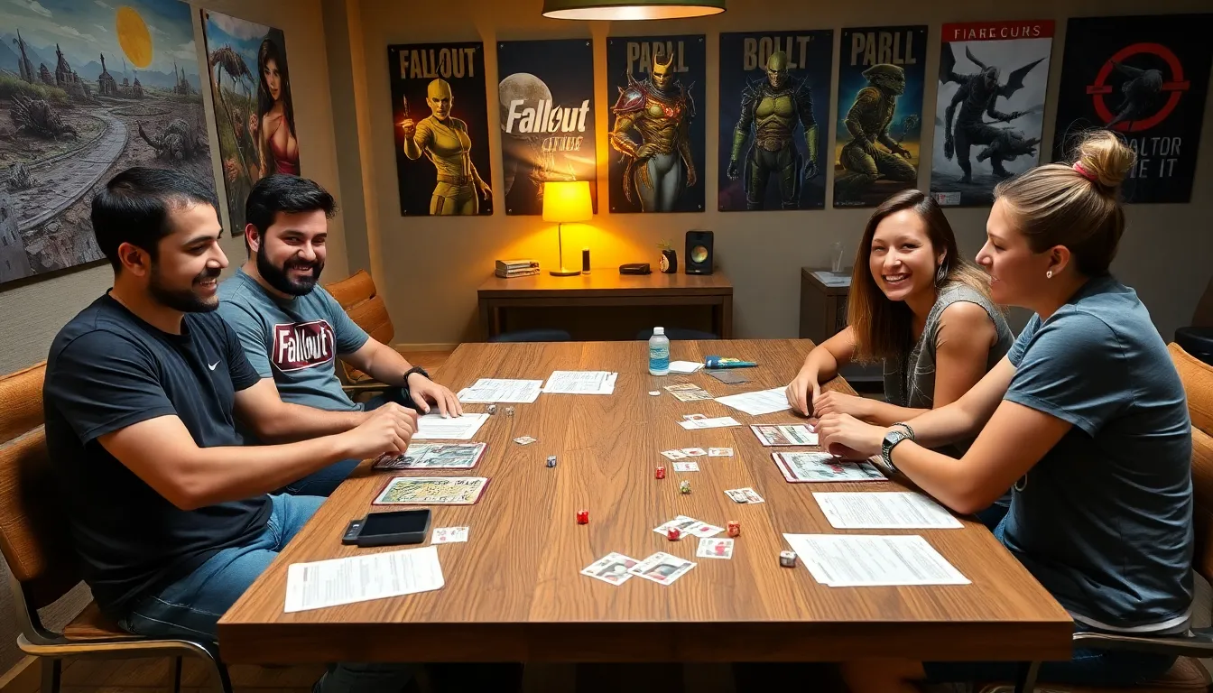 diverse group playing Fallout tabletop RPG in a cozy gaming room.