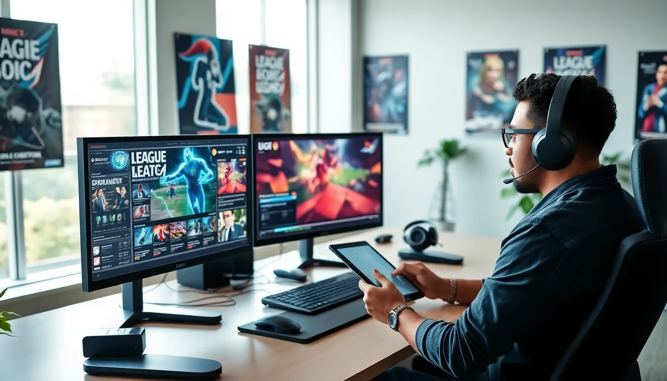 esports analyst reviewing League of Legends VODs in a modern office.