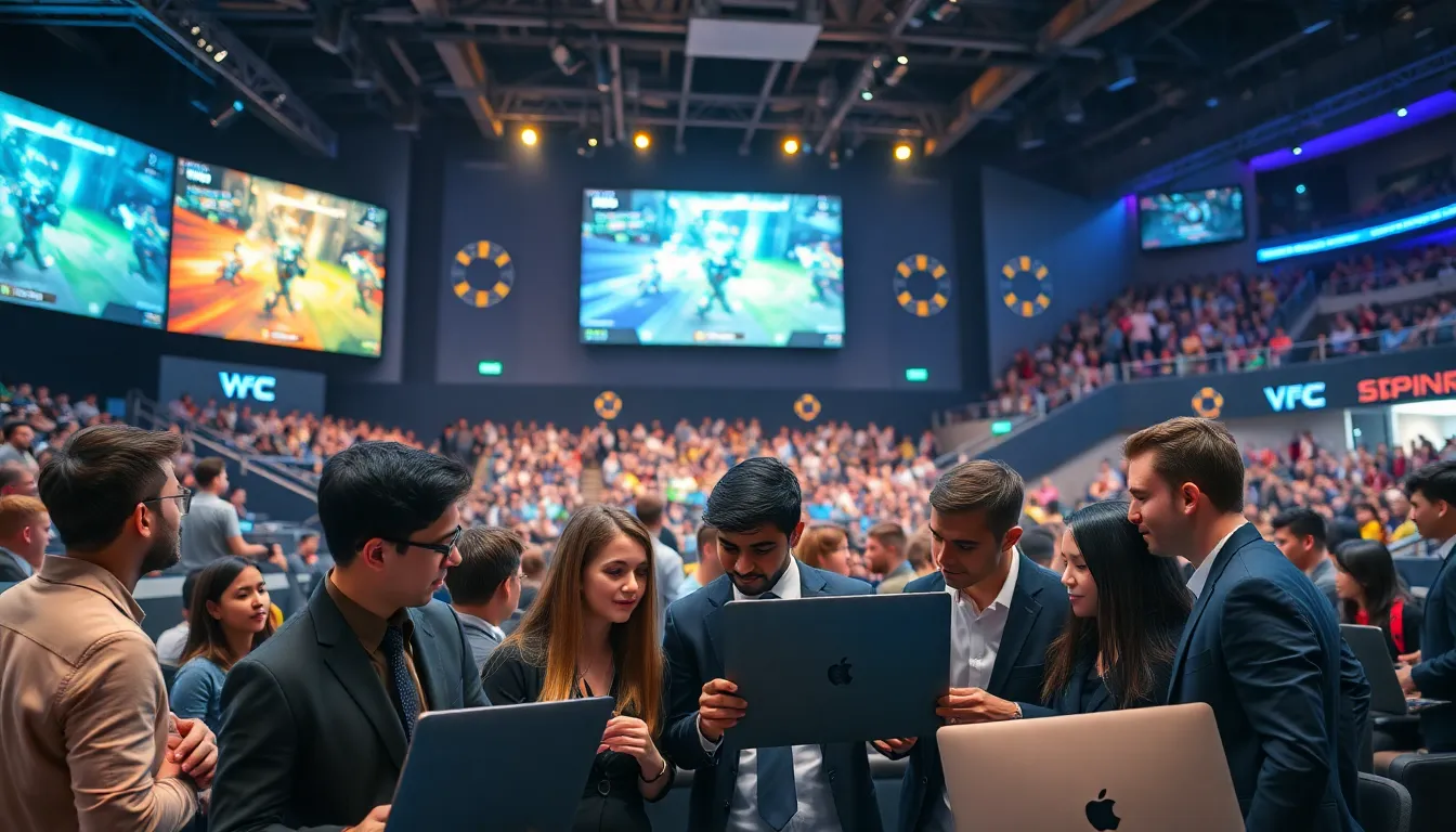 esports professionals in an energetic arena discussing gaming strategies.